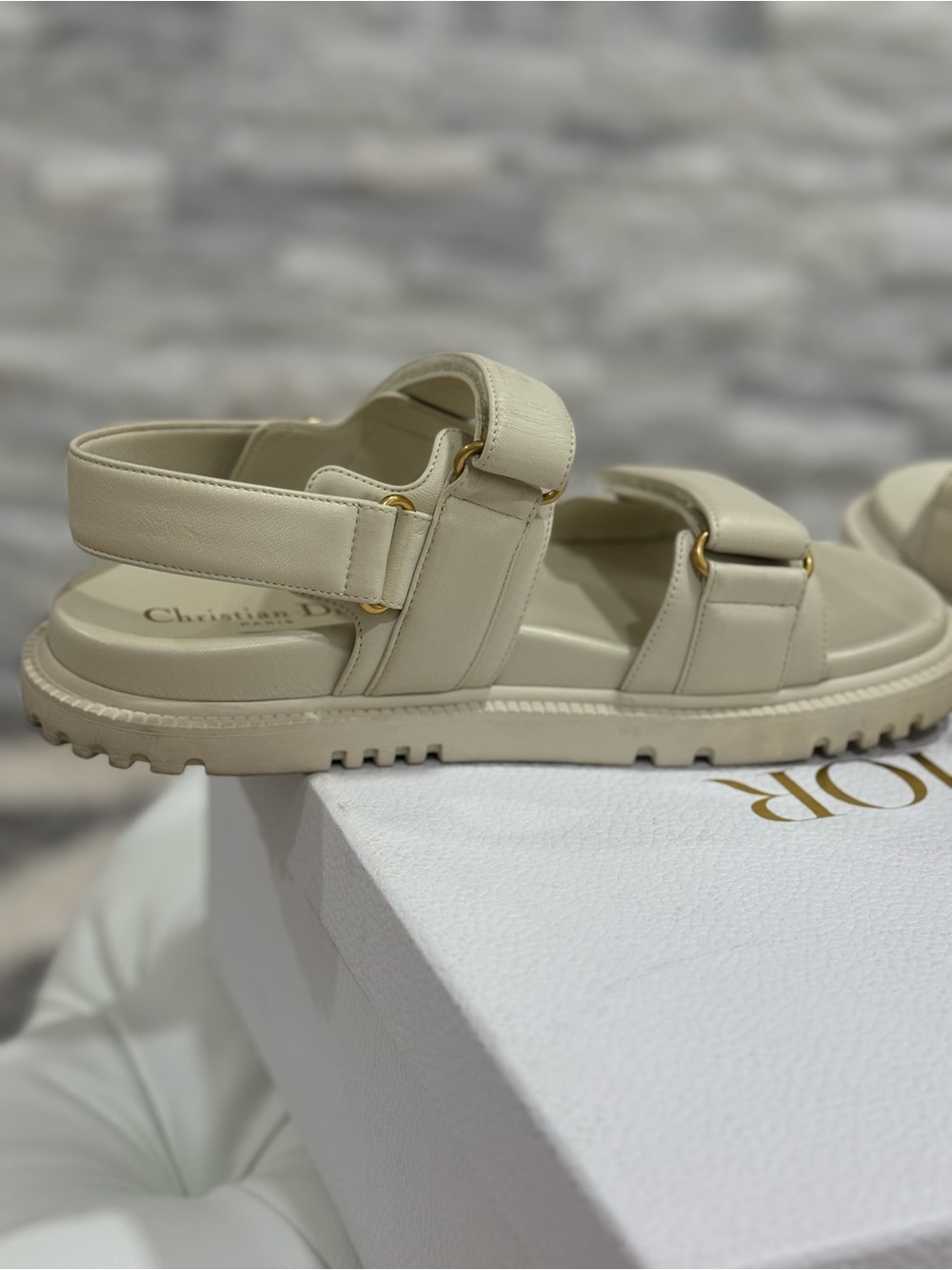 Dior Cream Leather Strap Platform Sandals with Gold Hardware - Picture 3 of 7